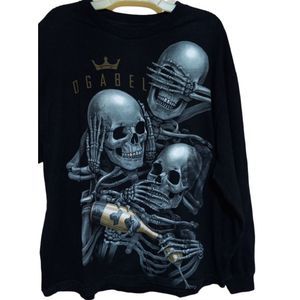 OGABEL black cotton long sleeve skulls and skeleton quality tee, sz XL unisex
